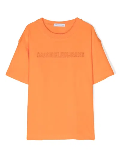 Calvin Klein Kids' Logo-embroidered Short-sleeve T-shirt In Orange