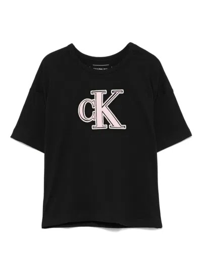 Calvin Klein Kids' Logo-embroidered T-shirt In 黑色