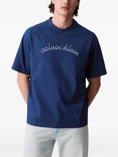 Calvin Klein Logo-embroidered T-shirt In Blue