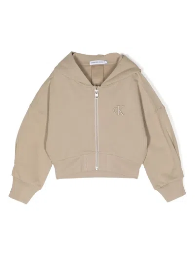 Calvin Klein Kids' Logo-embroidered Zip-up Hoodie In Brown