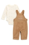 Calvin Klein Logo Long Sleeve Bodysuit & Corduroy Overalls Set In Brown