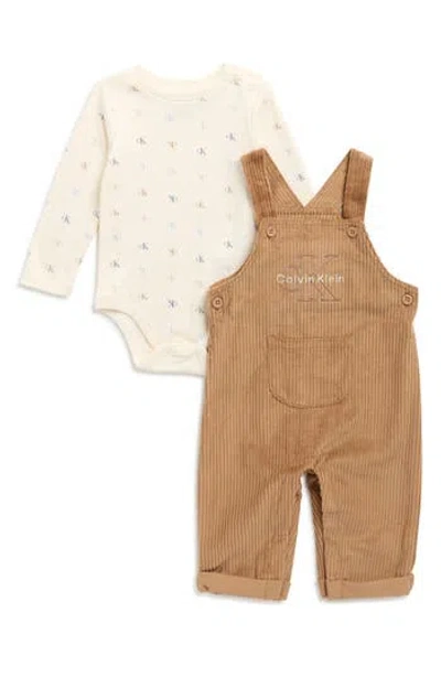 Calvin Klein Babies'  Logo Long Sleeve Bodysuit & Corduroy Overalls Set In Brown