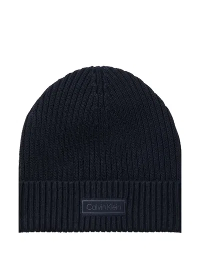 Calvin Klein Logo-patch Ribbed Beanie In Blue