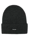 Calvin Klein Logo-patch Ribbed Beanie In Grey