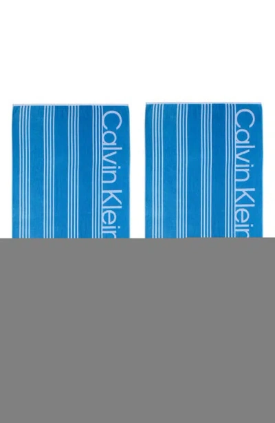 Calvin Klein Logo Pinstripe 2-piece Beach Towel Set In Blue