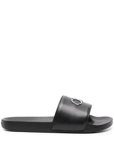 Calvin Klein Logo-plaque Open-toe Slides In Black
