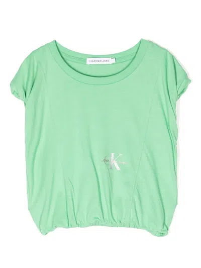 Calvin Klein Kids' Logo-print Elasticated-hem T-shirt In Grün