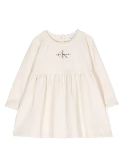 Calvin Klein Babies' Logo-print Long-sleeve Cotton Dress In Neutrals