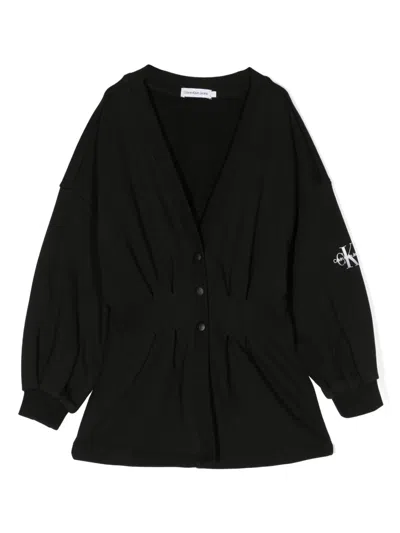 Calvin Klein Kids' Logo-print Pleated Cardigan In Black