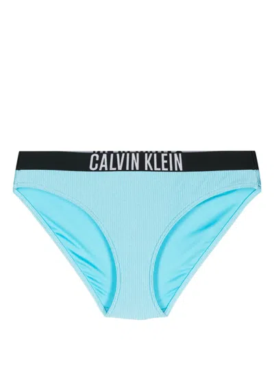 Calvin Klein Logo-waistband Ribbed Bikini Bottoms In Blue