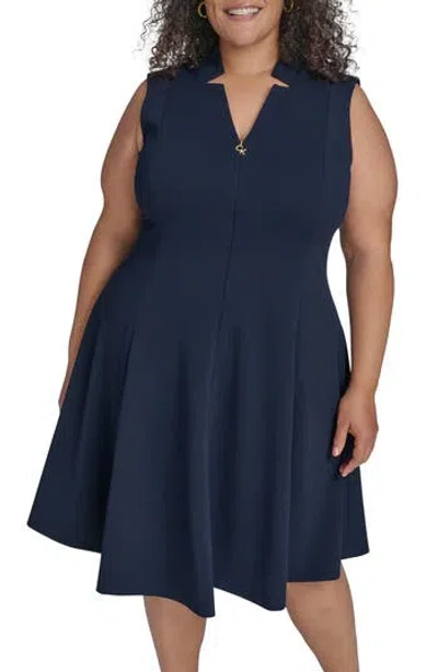 Calvin Klein Logo Zip Scuba Crepe Dress In Blue