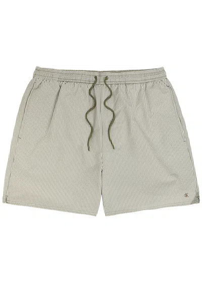 Calvin Klein Logo-embroidered Striped Seersucker Swim Shorts In Green