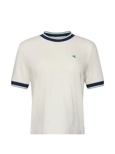 Calvin Klein Logo-embroidered Striped-trim T-shirt In White