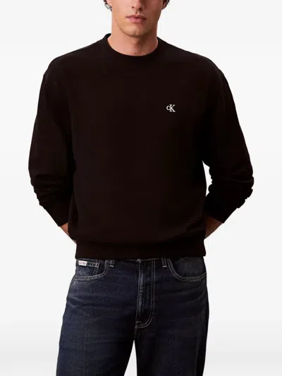 Calvin Klein Logo-embroidery Crew-neck Sweatshirt In Brown