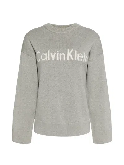 Calvin Klein Logo-intarsia Crew-neck Sweater In Gray
