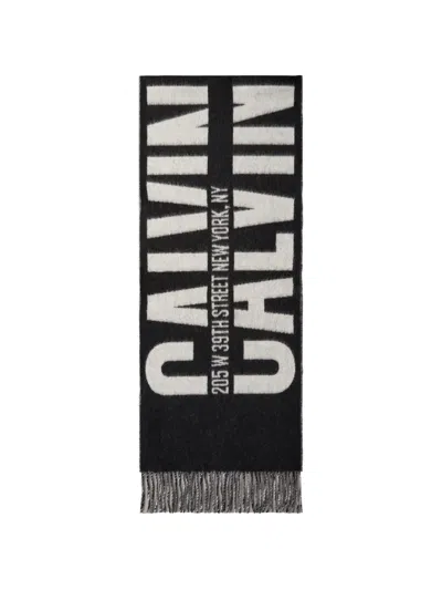 Calvin Klein Logo-intarsia Fringed Scarf In Black