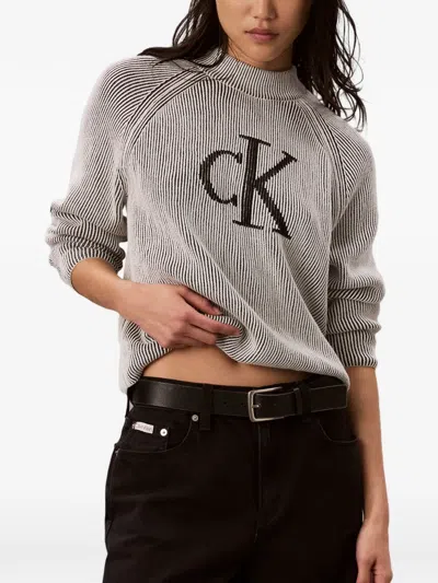 Calvin Klein Logo-intarsia Raglan-sleeve Sweater In Gray
