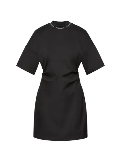 Calvin Klein Logo-neckline Gathered-waist Mini Dress In Black