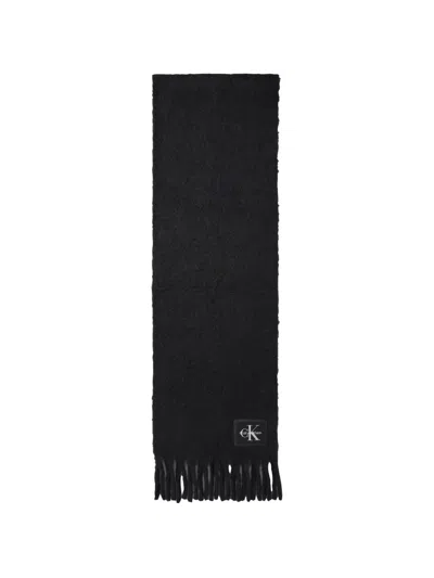 Calvin Klein Logo-patch Fringed Scarf In Black