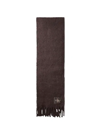 Calvin Klein Logo-patch Fringed Scarf In Brown