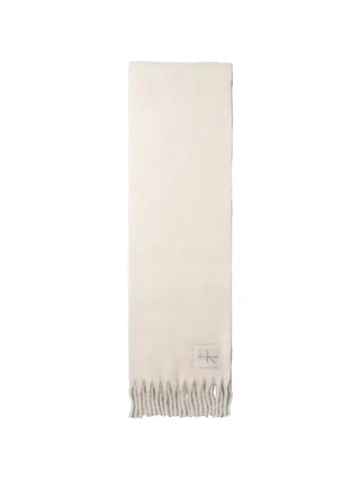 Calvin Klein Logo-patch Fringed Scarf In Neutrals