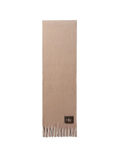 Calvin Klein Logo-patch Fringed Scarf In Neutrals