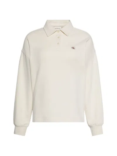 Calvin Klein Logo-patch Long-sleeved Polo Shirt In Neutral