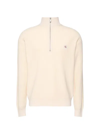 Calvin Klein Logo-patch Zip-neck Sweater In White