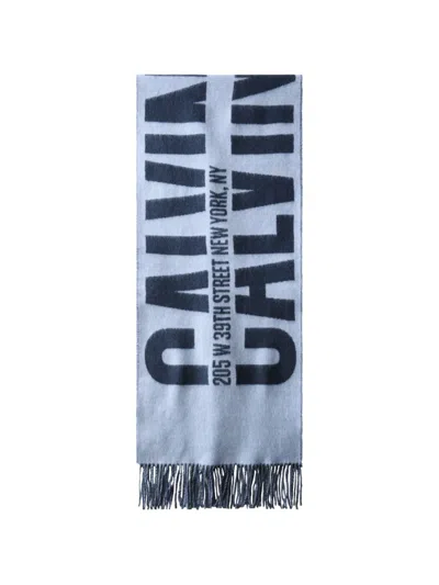 Calvin Klein Logo-print Fringed Scarf In Blue