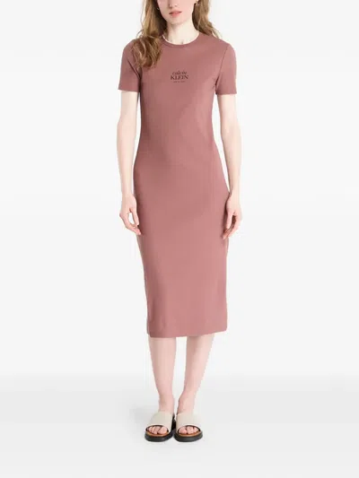 Calvin Klein Logo-print Ribbed Cotton Midi Dress In Brown