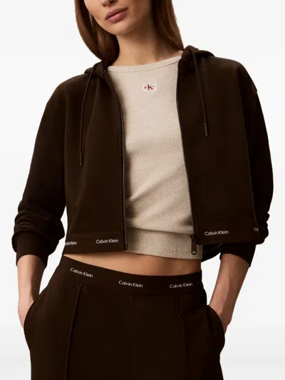 Calvin Klein Logo-tape Cropped Zip-up Hoodie In Brown