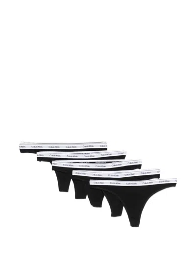 Calvin Klein Logo-waistband Thongs (set Of Five) In Black