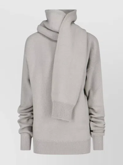 Calvin Klein Long Knit Crewneck Attached Scarf In Gray