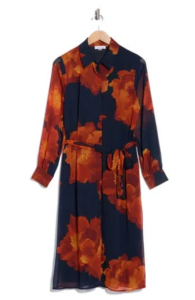 Calvin Klein Long Sleeve Chiffon Midi Dress In Multi