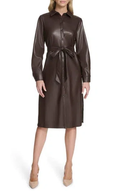 Calvin Klein Long Sleeve Faux Leather Shirtdress In Brown