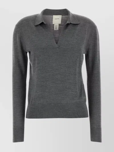 Calvin Klein Long Sleeve Polo Shirt With Ribbed Cuffs In Gray