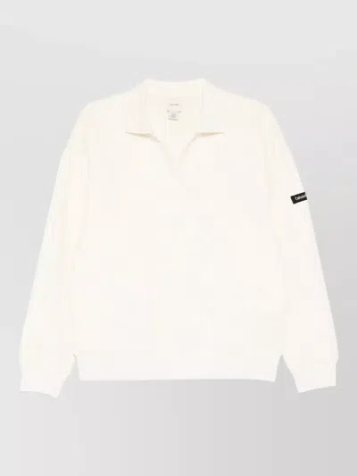 Calvin Klein Long Sleeve Relaxed Polo Top Ribbed Trim In White