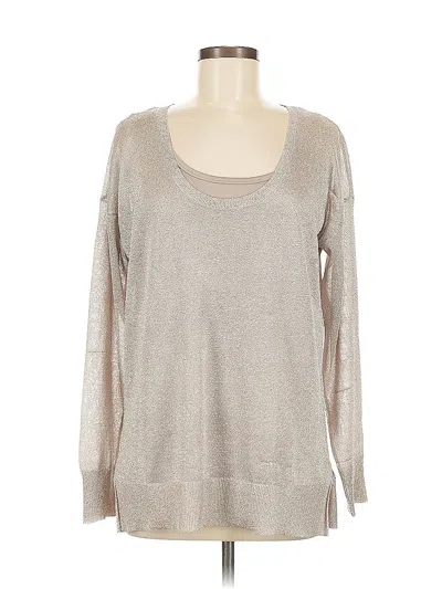 Pre-owned Calvin Klein Long Sleeve Top Tan Scoop Neck Tops In Brown