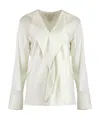 Calvin Klein V-neck Blouse With Buttoned Cuffs And Draped Front In White