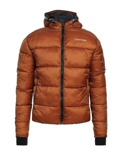 Calvin Klein Man Down Jacket Tan Size Xxl Nylon In Brown