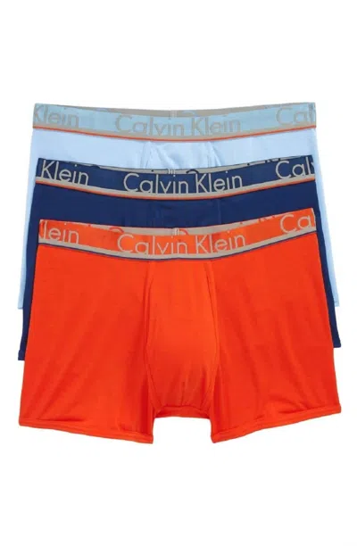 Calvin Klein Men's 3 Underwear Comfort Microfiber Trunks In Rapid Blue/estate Blue/oriole In Orange