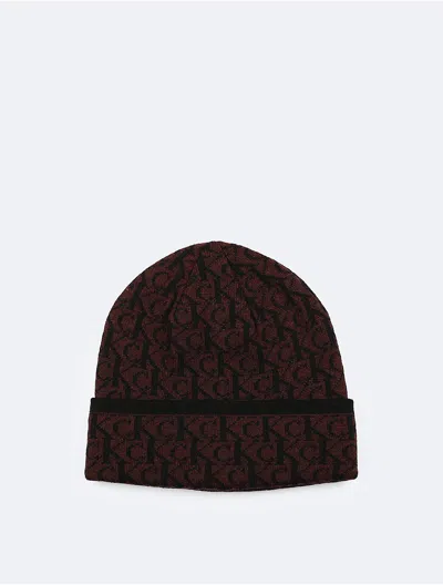 Calvin Klein Men's Allover Monogram Logo Beanie In Black/tawny Port