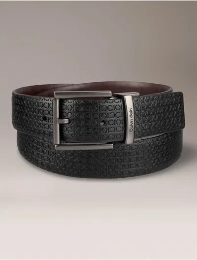 Calvin Klein Men's Allover Monogram Logo Reversible Harness Buckle Belt In Black