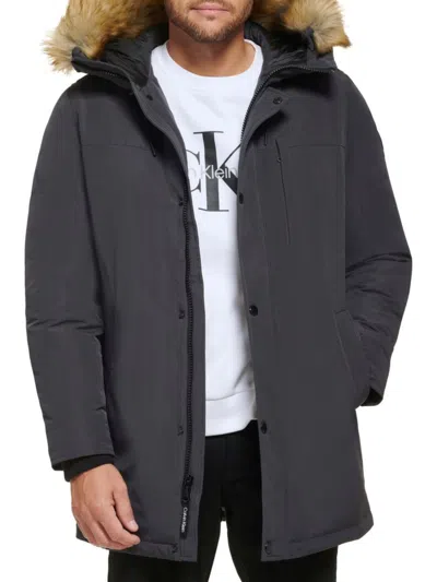Calvin Klein Men's Arctic Faille Faux Fur Hooded Jacket In Grey