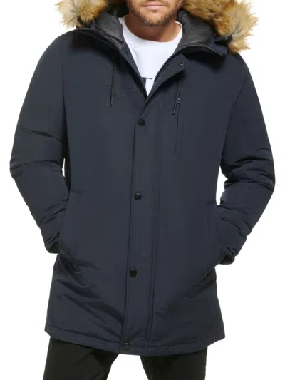 Calvin Klein Men's Arctic Faille Faux Fur Hooded Jacket In Navy