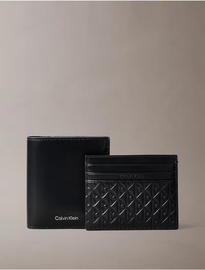 Calvin Klein Men's Bifold Wallet And Embossed Monogram Logo Card Case Set In Black