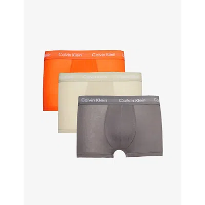 Calvin Klein Branded-waistband Mid-rise Pack Of Three Stretch-cotton Trunks In C Ks, Eiffle Twr, Moss