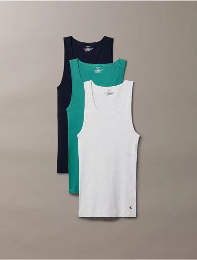 Calvin Klein Men's Cotton Classics 3-pack Tank Top In Shoreline / Snow Heather/ Lively Teal