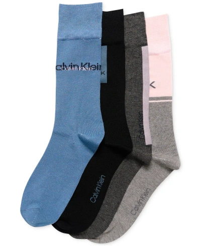 Calvin Klein Men's Crew Length Cushioned Dress Socks, Assorted Patterns, Pack Of 4 In Blue Multi