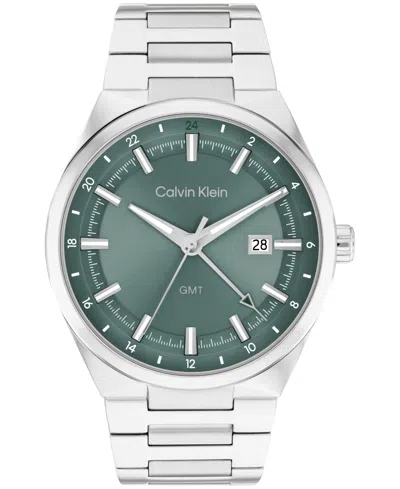Calvin Klein Men's Distinguish Gmt Silver Tone Stainless Steel Bracelet Watch, 44mm